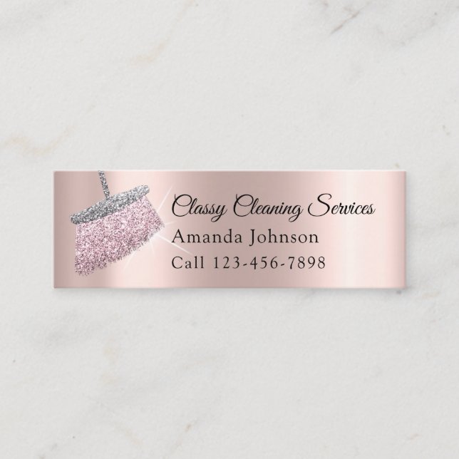 Cleaning Services Housekeeper Rose Gold Glitter Mini Business Card (Front)