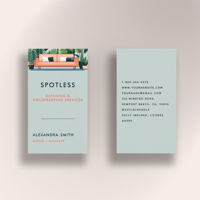 Cleaning Services Housekeeping Retro Professional Business Card (cleaning housekeeper janitorial business card retro vintage elegant modern chic simple minimalist)