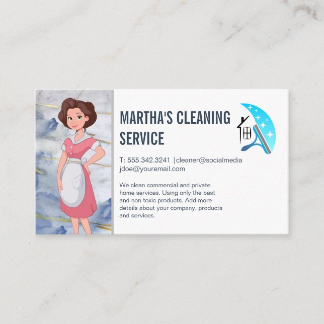 Cleaning Services Logo | Maid Cartoon Business Card (Front)