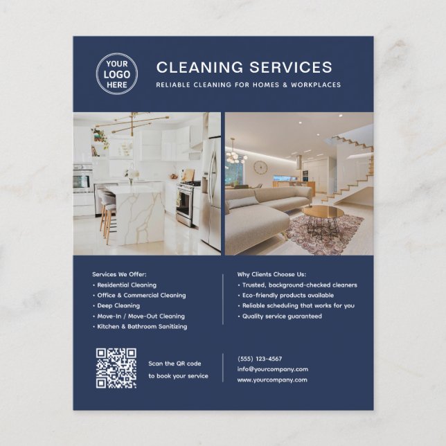 Cleaning Services Logo Photo QR Code Navy Blue Flyer (Front)