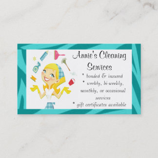Cleaning services maid business card blue