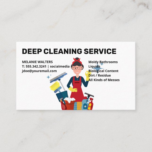 Cleaning Services | Maid Cleaning with Tools Business Card (Front)