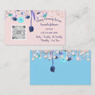 Cleaning Services Maid Drips QR Floral Blue Business Card