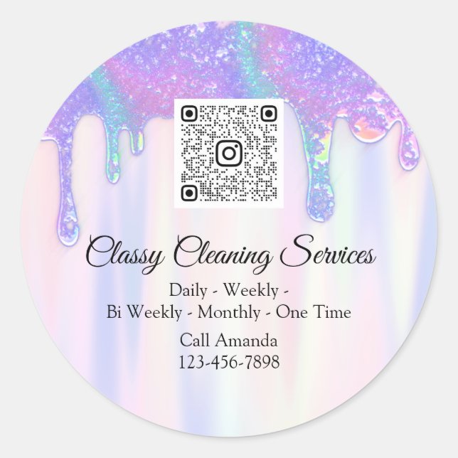 Cleaning Services Maid Housekeeper QRCode Drips Classic Round Sticker (Front)
