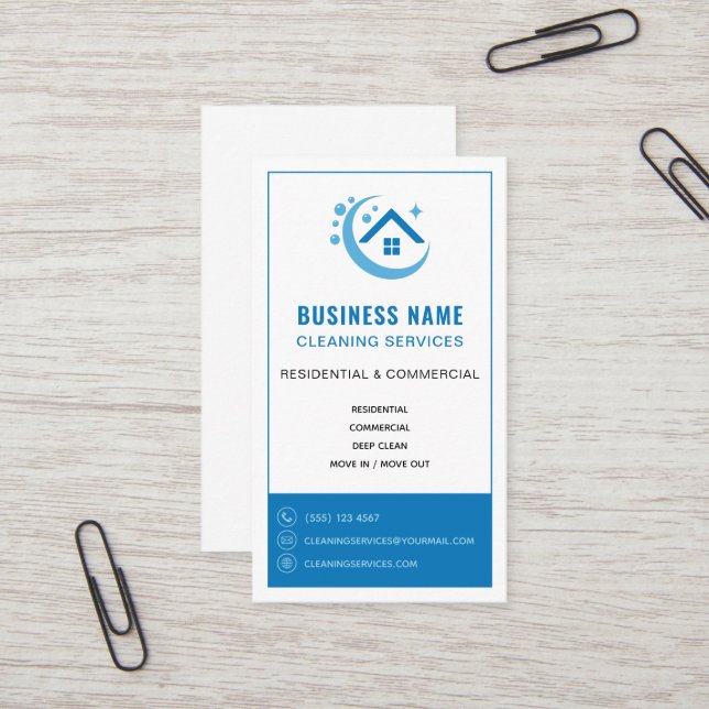 Cleaning Services Professional Logo Blue Business Card (Front/Back In Situ)