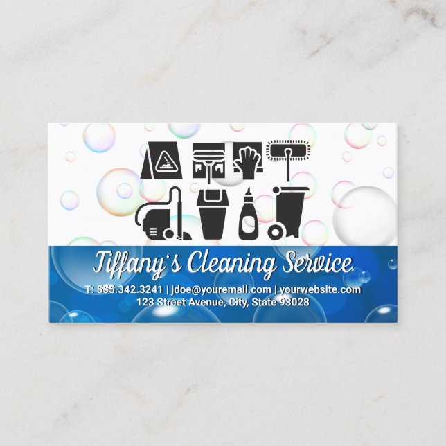 Cleaning Supplies Icons | Bubbles Business Card (Front)
