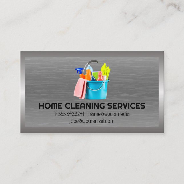 Cleaning Supplies | Metal Brushed Background Business Card (Front)
