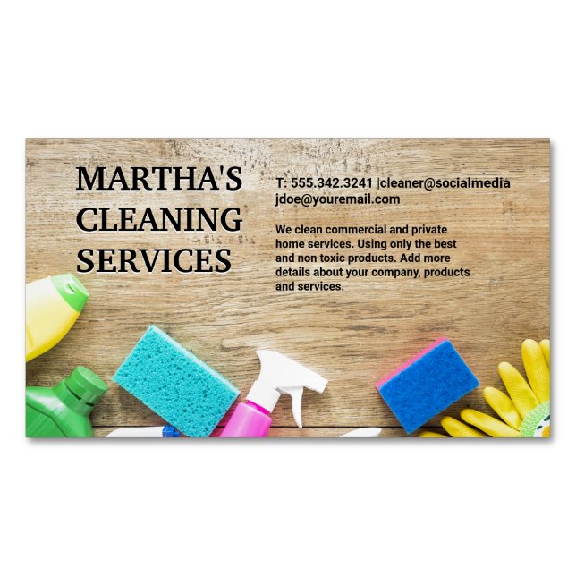 Cleaning Supplies on Table Magnetic Business Card (Front)