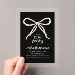 CLEAR ACRYLIC 100th Birthday Black White Pearl Bow Invitations<br><div class="desc">Elegant black and white invitation features large white pearl script bow on a black background. Calligraphy adds a special touch. All text is editable.</div>