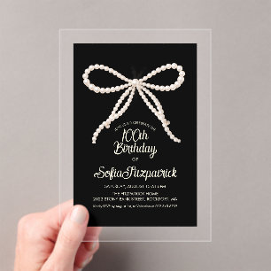 CLEAR ACRYLIC 100th Birthday Black White Pearl Bow Invitations