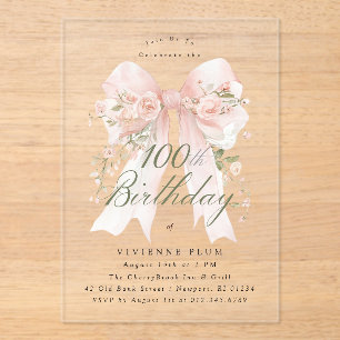 Clear Acrylic 100th Birthday Pink Bow Rose Floral Invitations
