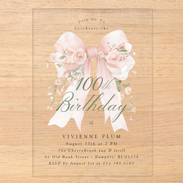 Clear Acrylic 100th Birthday Pink Bow Rose Floral Invitations (Front)