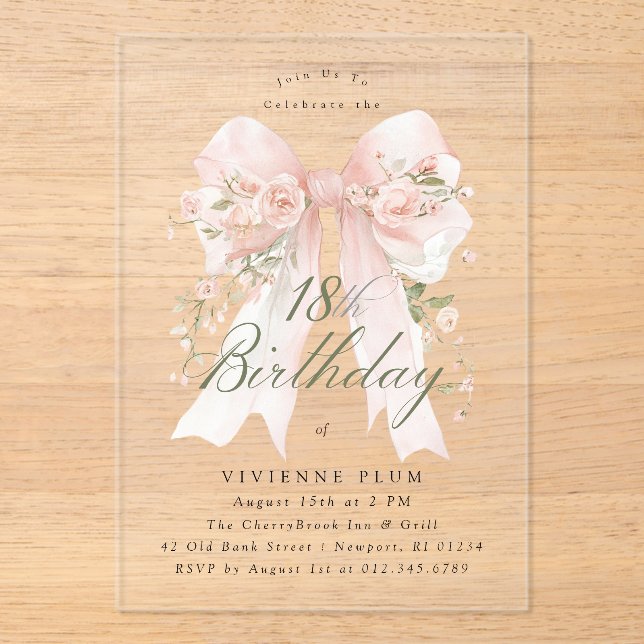 CLEAR ACRYLIC 18th Birthday Pink Bow Rose Floral Invitations (Front)