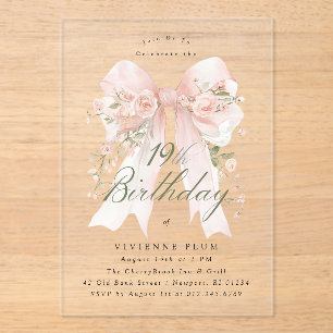 CLEAR ACRYLIC 19th Birthday Pink Bow Rose Floral Invitations