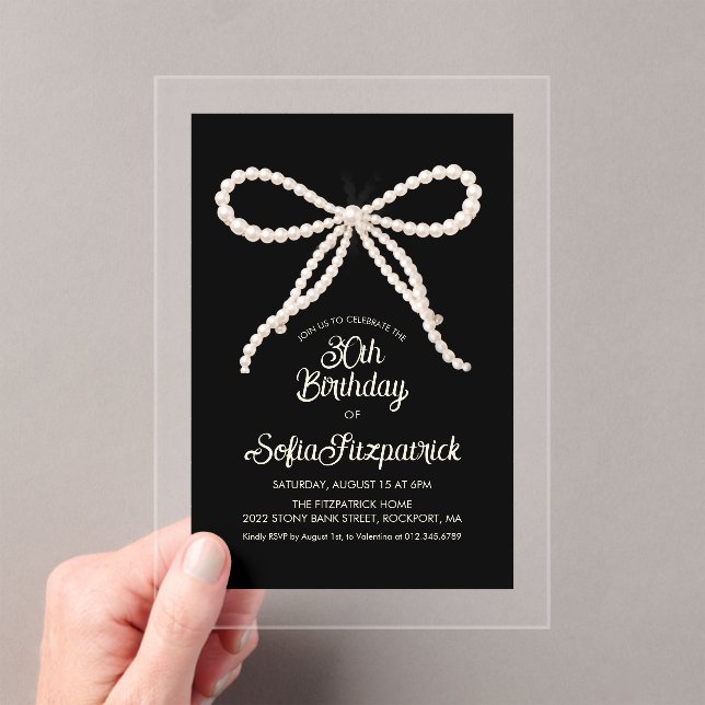 CLEAR ACRYLIC 30th Birthday Black White Pearl Bow Invitations (Insitu (Handheld))