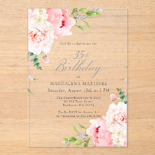 CLEAR ACRYLIC 35th Birthday Pink Peony Floral Invitations