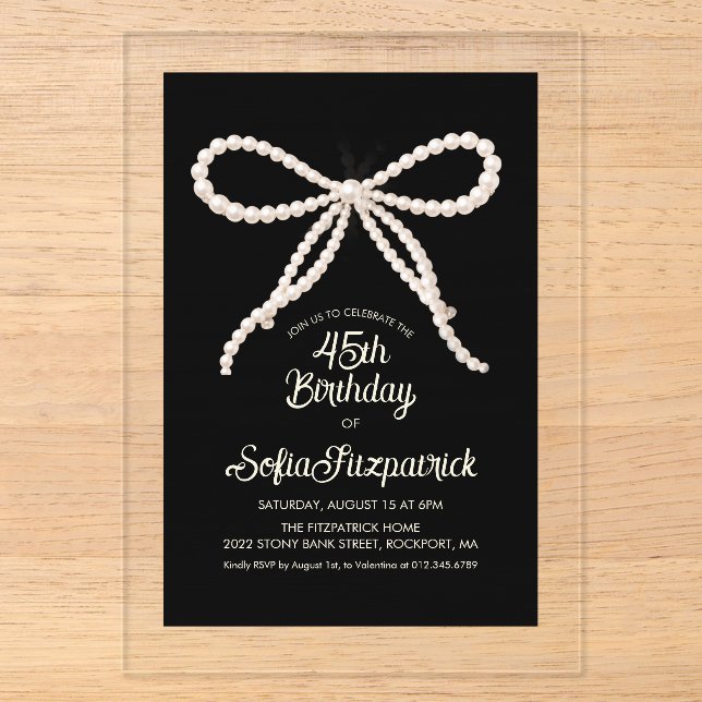 CLEAR ACRYLIC 45th Birthday Black White Pearl Bow Invitations (Front)