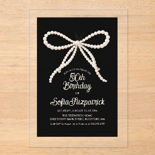 CLEAR ACRYLIC 50th Birthday Black White Pearl Bow Invitations