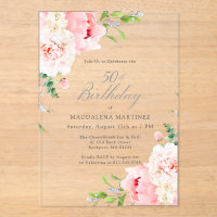 CLEAR ACRYLIC 50th Birthday Pink Peony Floral
