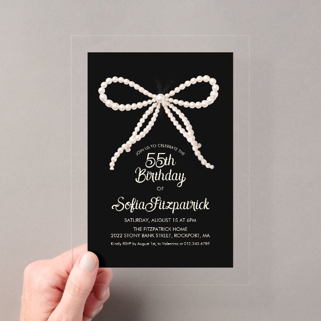 CLEAR ACRYLIC 55th Birthday Black White Pearl Bow Invitations (Insitu (Handheld))