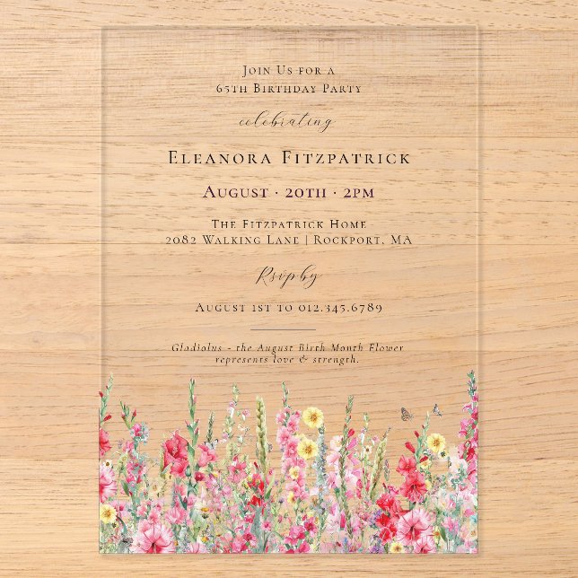 CLEAR ACRYLIC 65th Birthday August Birth Flower Invitations (Front)