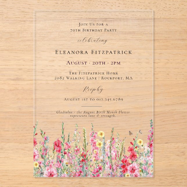 CLEAR ACRYLIC 70th Birthday August Birth Flower Invitations (Front)