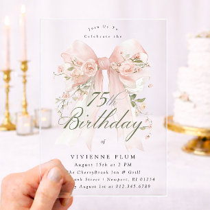 CLEAR ACRYLIC 75th Birthday Pink Bow Rose Floral I Invitations