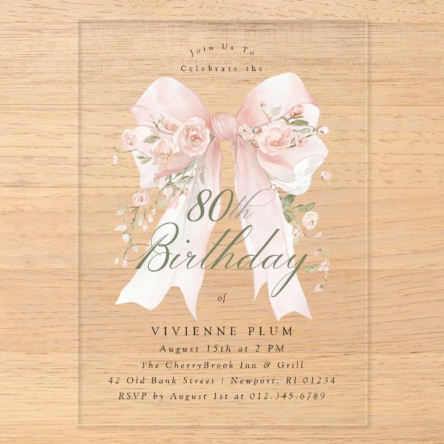 CLEAR ACRYLIC 80th Birthday Pink Bow Rose Floral Invitations (Front)