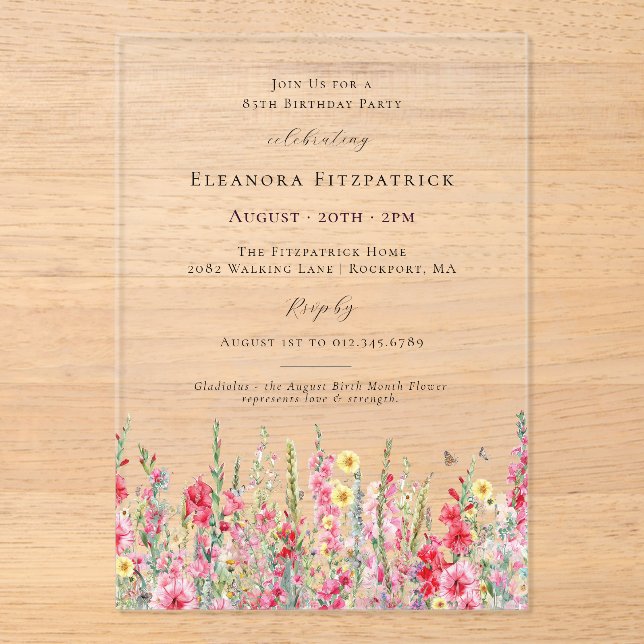 CLEAR ACRYLIC 85th Birthday August Birth Flower Invitations (Front)