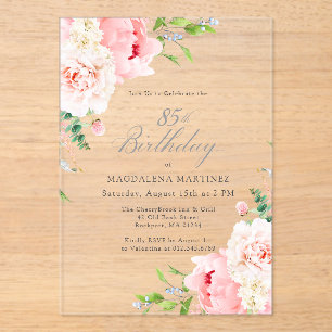 CLEAR ACRYLIC 85th Birthday Pink Peony Floral Invitations