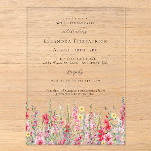 CLEAR ACRYLIC 90th Birthday August Birth Flower Invitations