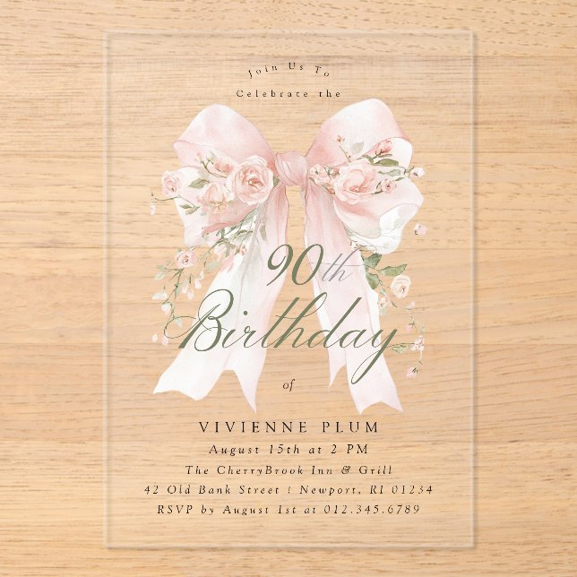 CLEAR ACRYLIC 90th Birthday Pink Bow Rose Floral Invitations (Front)