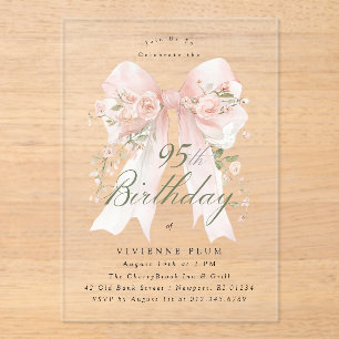 CLEAR ACRYLIC 95th Birthday Pink Bow Rose Floral Invitations