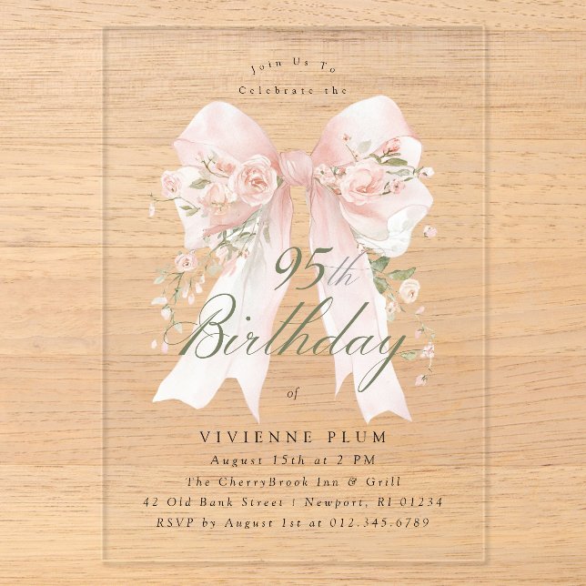 CLEAR ACRYLIC 95th Birthday Pink Bow Rose Floral Invitations (Front)