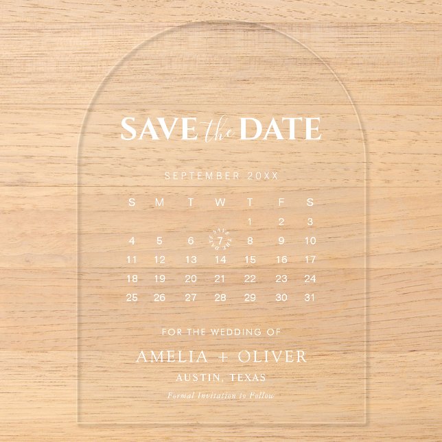 Clear Acrylic Arch Calendar Modern Save The Date Invitations (Front)