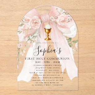CLEAR ACRYLIC Girl First Holy Communion Pink Bow Invitations