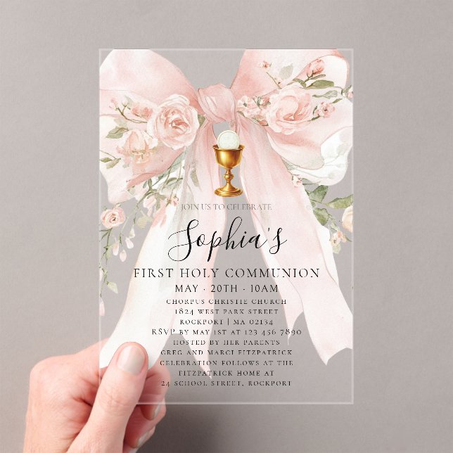 CLEAR ACRYLIC Girl First Holy Communion Pink Bow Invitations (Insitu (Handheld))