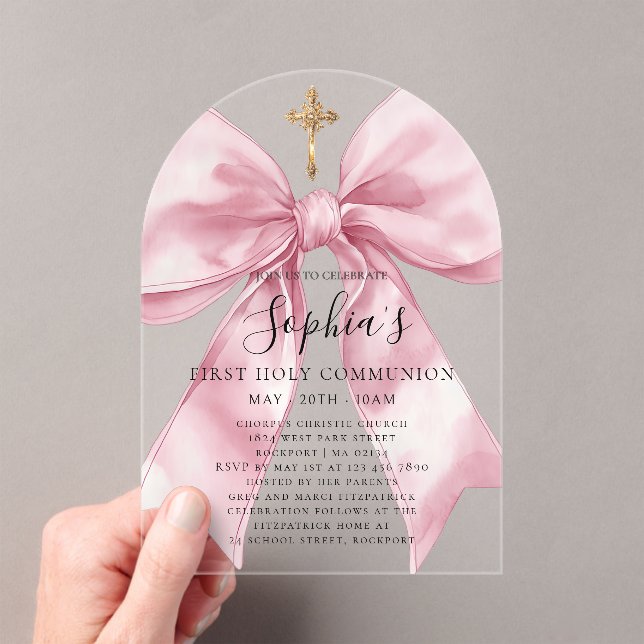 Clear Acrylic Girl's First Communion Pink Bow Arch Invitations (Insitu (Handheld))