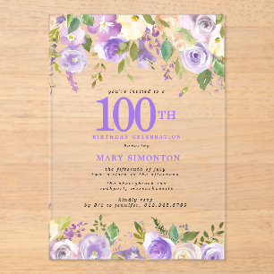 CLEAR ACRYLIC Purple Floral 100th Birthday Party Invitations