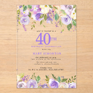CLEAR ACRYLIC Purple Floral 40th Birthday Party Invitations