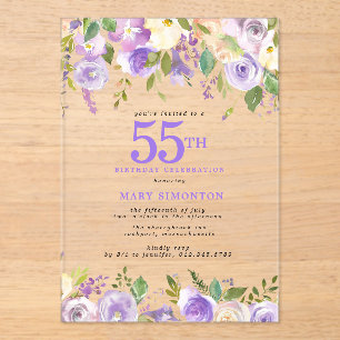 CLEAR ACRYLIC Purple Floral 55th Birthday Party Invitations