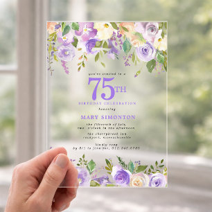 CLEAR ACRYLIC Purple Floral 75th Birthday Party Invitations