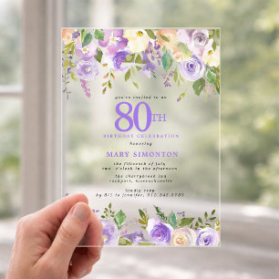 CLEAR ACRYLIC Purple Floral 80th Birthday Party Invitations