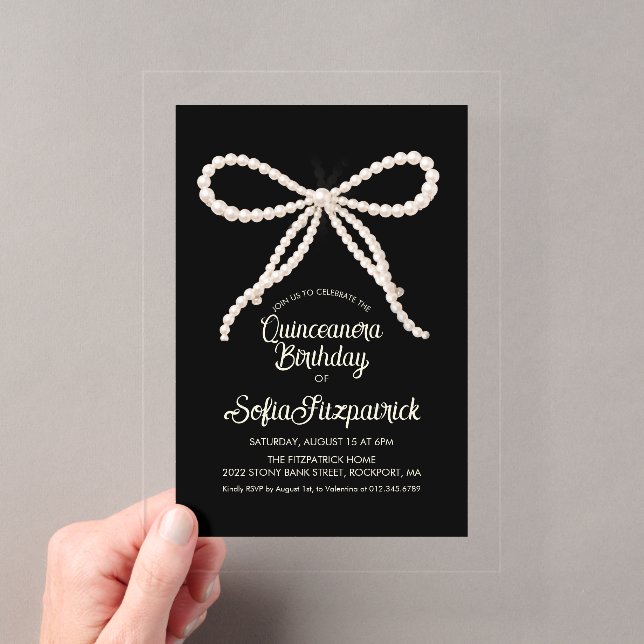 CLEAR ACRYLIC Quinceanera Black White Pearl Bow Invitations (Insitu (Handheld))