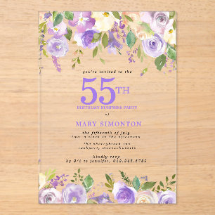 CLEAR ACRYLIC SURPRISE 55th Birthday Purple Floral Invitations