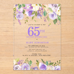 CLEAR ACRYLIC SURPRISE 65th Birthday Purple Floral Invitations