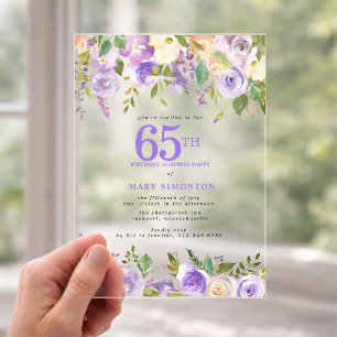 CLEAR ACRYLIC SURPRISE 65th Birthday Purple Floral Invitations