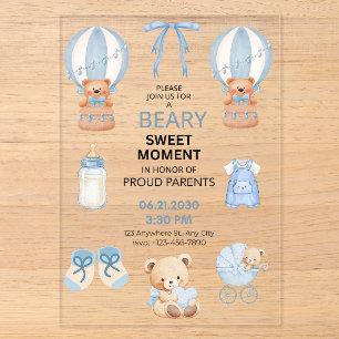 CLEAR BLUE ACRYLIC Boy Teddy Bear Shower 5x7 Invitations