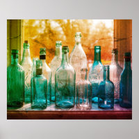 Clear Blue+Green Glass Bottles In the Window Wall