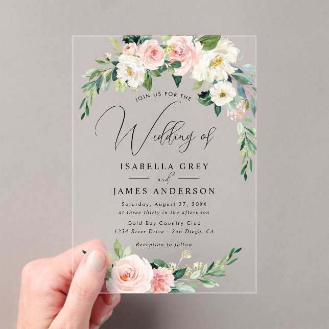 Clear Blush Pink Floral Wedding  Acrylic Invitations (Insitu (Handheld))